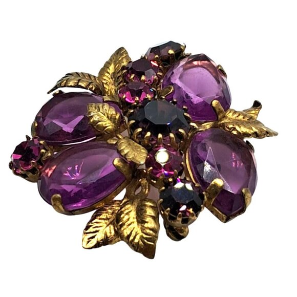 Austria Rhinestone Brooch Pink Purple Gold Tone Leaves Pin Vintage Costume Jewel - Picture 3 of 11